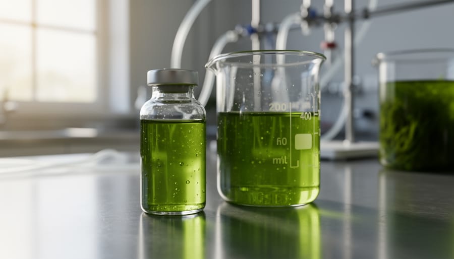 Laboratory beaker containing concentrated green algae biofuel held by scientist