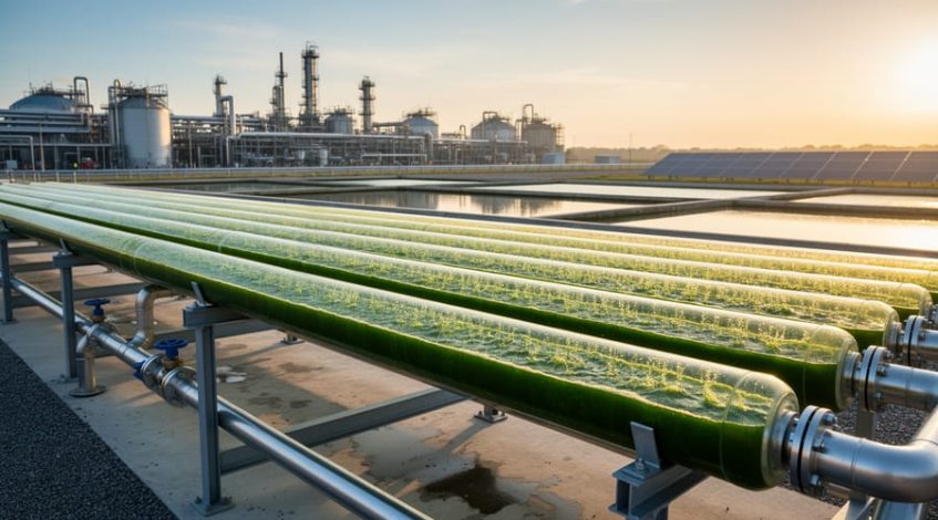 Transparent tubular photobioreactors filled with bright green algae at an outdoor biofuel facility during golden hour, with blurred refinery piping, sedimentation ponds, and distant solar panels in the background.