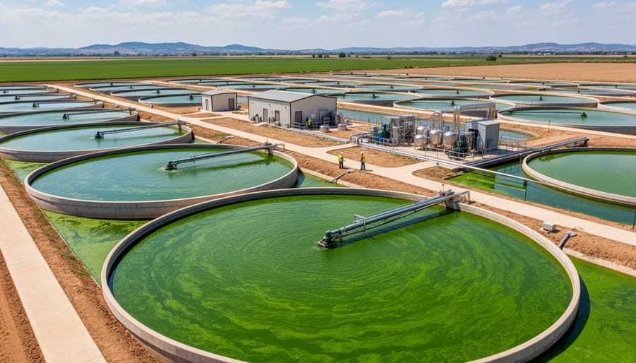 Aerial view of commercial algae cultivation ponds showing bright green biomass growth