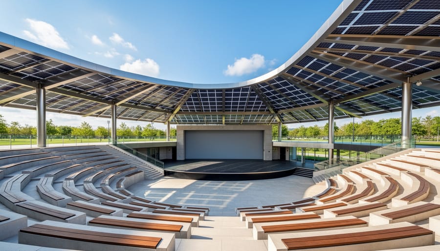 Outdoor amphitheater venue with integrated solar panel installations