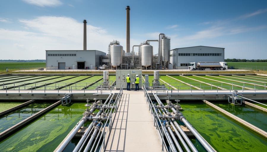 Industrial algae biofuel production facility with processing tanks and infrastructure