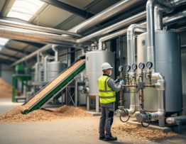Technician inspecting a modern biomass CHP system with silver boiler tanks, insulated pipes, and a conveyor feeding wood chips inside an industrial plant, lit by soft daylight, with a blurred factory floor and fuel storage in the background.