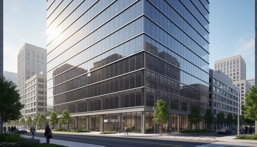 Commercial building with integrated photovoltaic panels in the glass facade