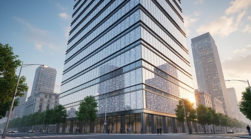 Low-angle view of a modern office building with semi-transparent photovoltaic glass integrated into its curtain wall, warm golden-hour light reflecting on blue-gray glazing, with a tree-lined street and neighboring towers softly visible in the background.
