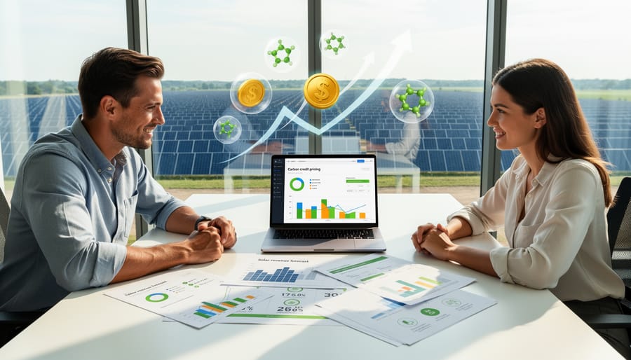 Corporate team meeting discussing carbon credit market opportunities and solar investment returns