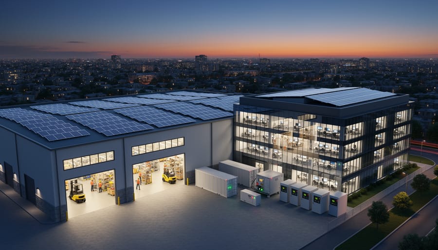 Illuminated industrial warehouse facility at dusk showing continuous operations
