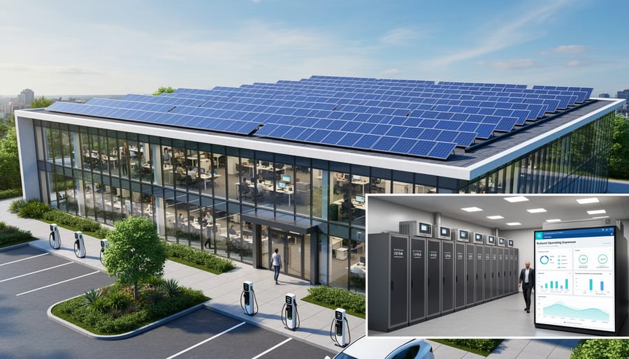 Modern commercial office building with rooftop solar panel installation