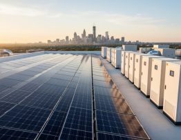 Wide view of a commercial building rooftop with solar panels and white battery storage cabinets under warm golden hour light, with a softly blurred city skyline in the background