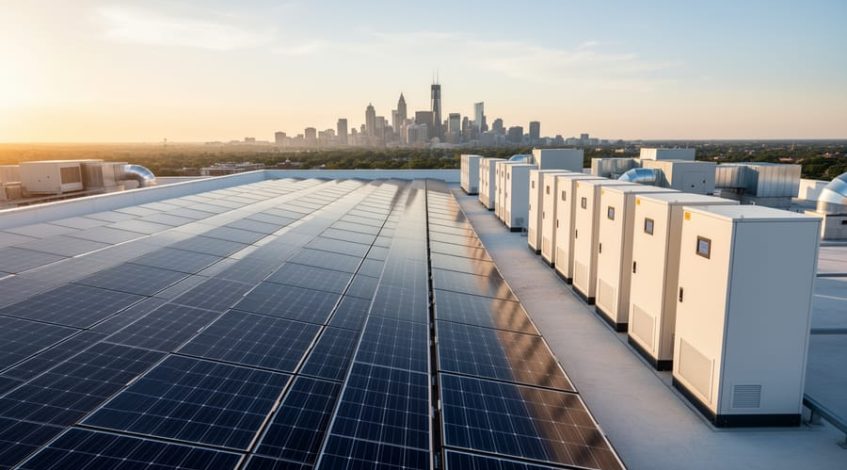 Wide view of a commercial building rooftop with solar panels and white battery storage cabinets under warm golden hour light, with a softly blurred city skyline in the background