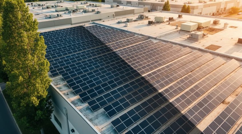 Oblique aerial view of a commercial rooftop solar array with a sharp tree shadow crossing several panel rows under late-afternoon light, with neighboring buildings and rooftop equipment softly blurred in the background.