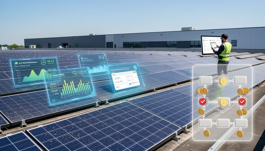 Large-scale commercial solar panel installation on office building rooftop with monitoring systems