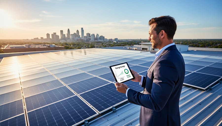 Aerial view of commercial solar panel array on industrial warehouse rooftop