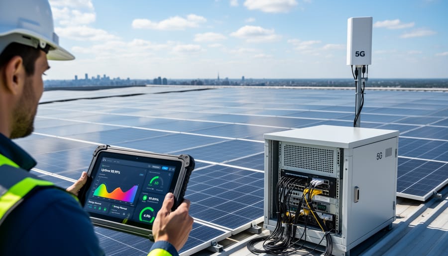 Aerial view of extensive commercial rooftop solar panel installation at sunset