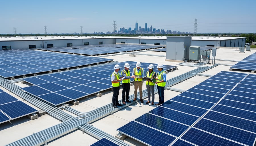 Large-scale solar panel array installed on commercial industrial facility rooftop