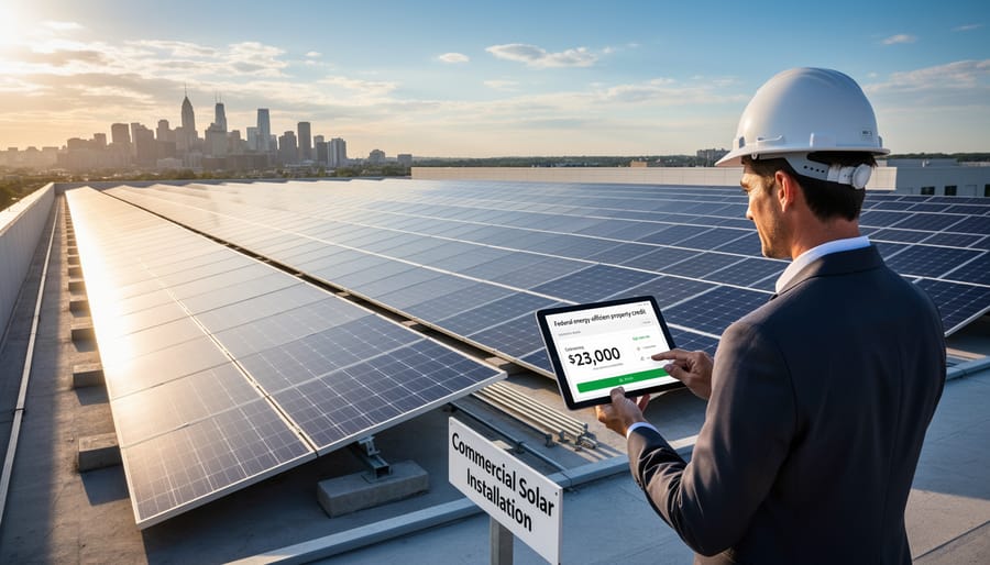 Solar panel array installed on commercial building rooftop with mounting systems