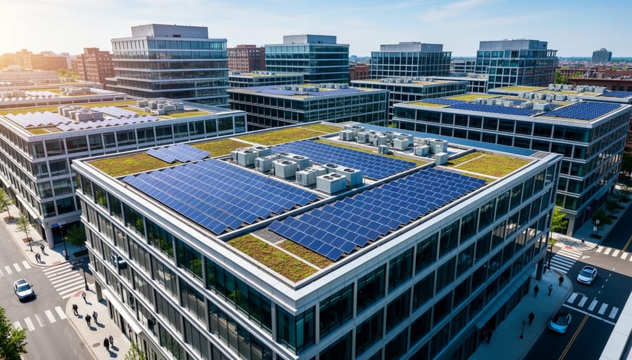 Solar panels installed on commercial building rooftop with urban skyline in background