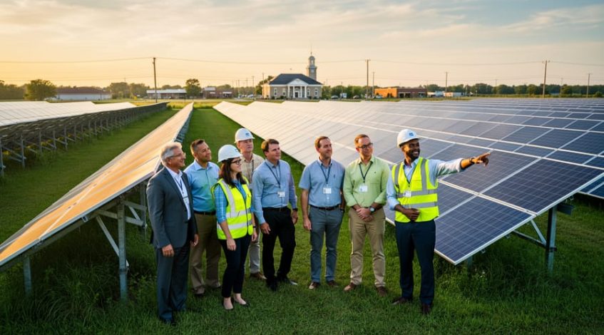 Municipal officials and facility managers stand beside a ground-mounted solar farm at golden hour, discussing energy strategy, with rows of panels leading toward a small-town civic building and utility lines in the background.