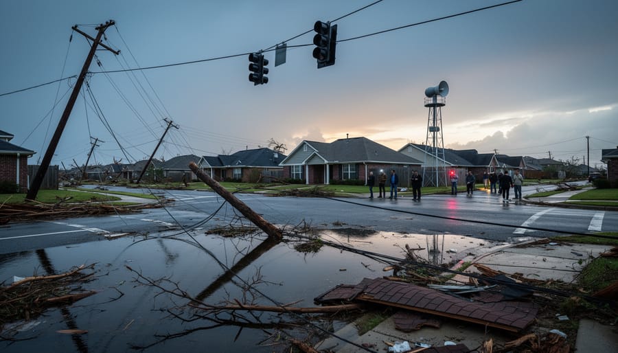 Damaged electrical transmission towers with broken power lines after severe storm