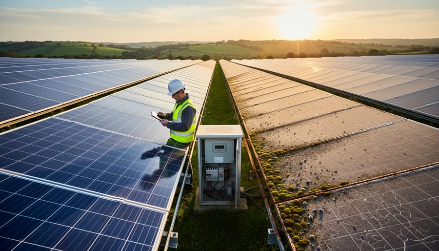 Commercial solar panels showing dirt and debris accumulation affecting performance
