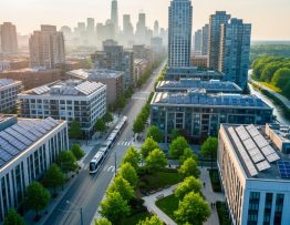 Golden-hour aerial view of a dense downtown with rooftop solar panels, an electric tram on a tree-lined street, cyclists, and a small park, with a river greenbelt and skyline in the distance.