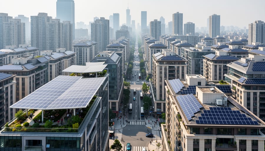 Aerial view of dense city buildings with rooftop solar panel installations