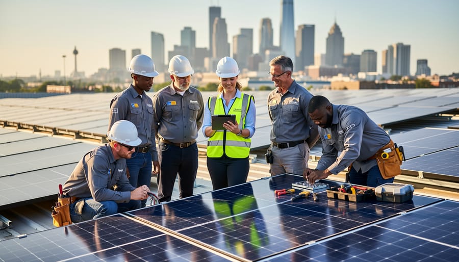 Diverse team of solar technicians including women installing commercial rooftop solar panels