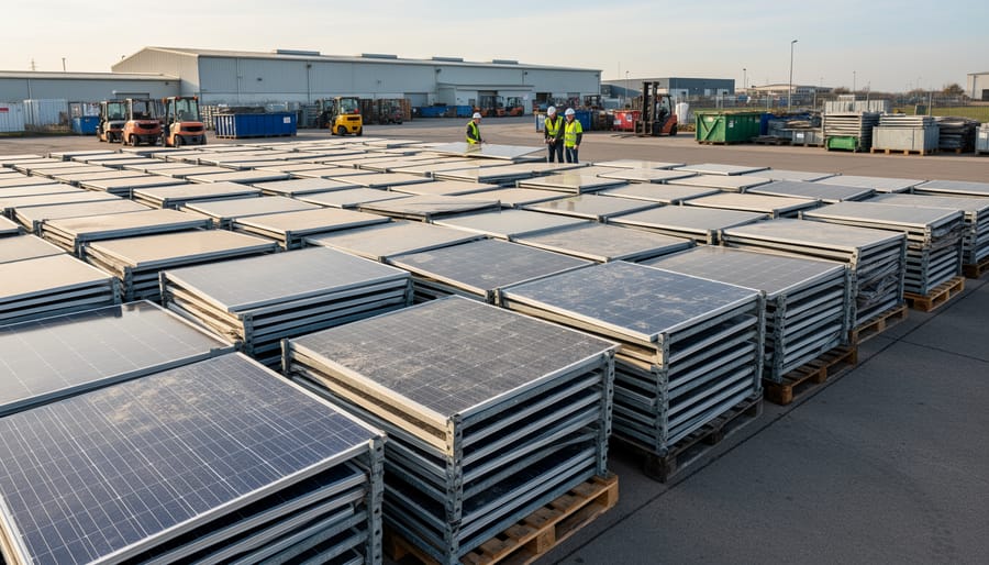 Weathered solar panels stacked at industrial recycling facility