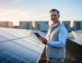 Energy educator holding a tablet next to rows of photovoltaic panels at a utility-scale solar farm during golden hour, with blurred battery storage units and inverters in the background.