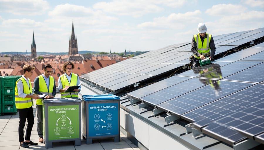 Large-scale commercial solar panel installation on European building rooftop
