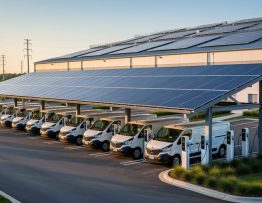 Row of white electric commercial vans connected to bidirectional chargers beneath solar carports at a modern warehouse campus at golden hour, with rooftop solar and distant utility lines visible.