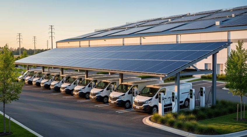 Row of white electric commercial vans connected to bidirectional chargers beneath solar carports at a modern warehouse campus at golden hour, with rooftop solar and distant utility lines visible.