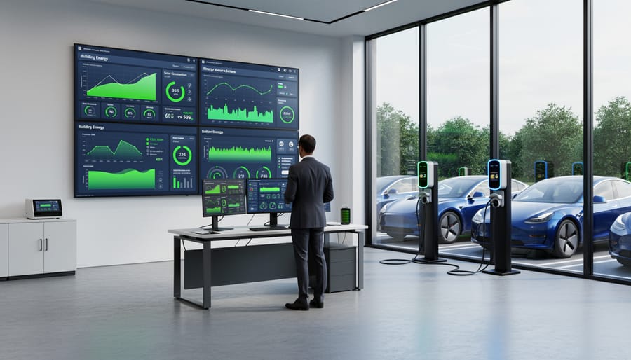 Electric commercial van connected to bidirectional charging station at business facility