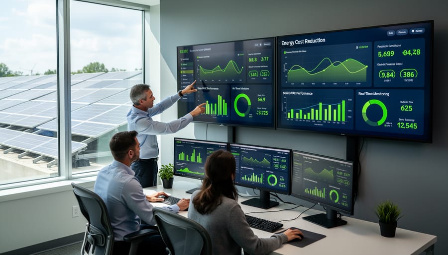 Facility manager reviewing HVAC system performance in commercial mechanical room