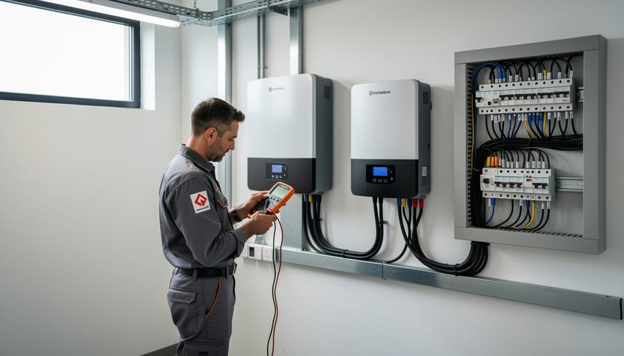 Commercial solar installer mounting hybrid inverter equipment on building exterior