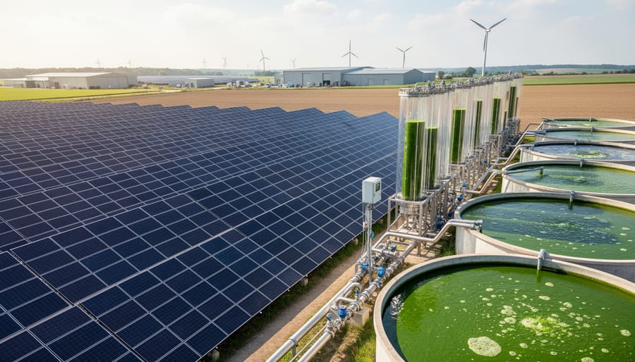 Rooftop installation showing both solar panels and algae bioreactor tubes in integrated system