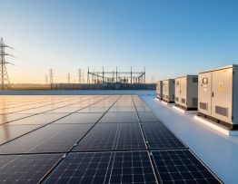 Solar panels on a commercial rooftop beside battery storage cabinets, with distant transmission towers and a substation under warm golden hour light.