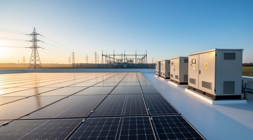 Solar panels on a commercial rooftop beside battery storage cabinets, with distant transmission towers and a substation under warm golden hour light.