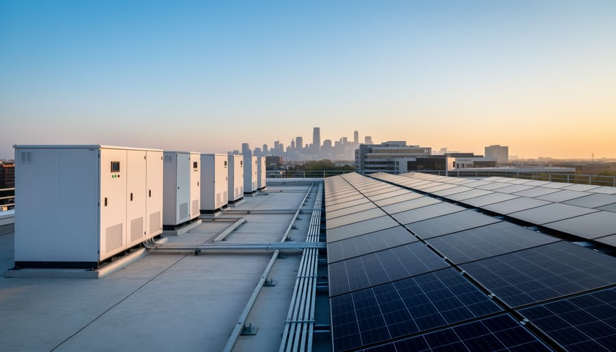 Commercial rooftop solar panel array with battery storage units installed