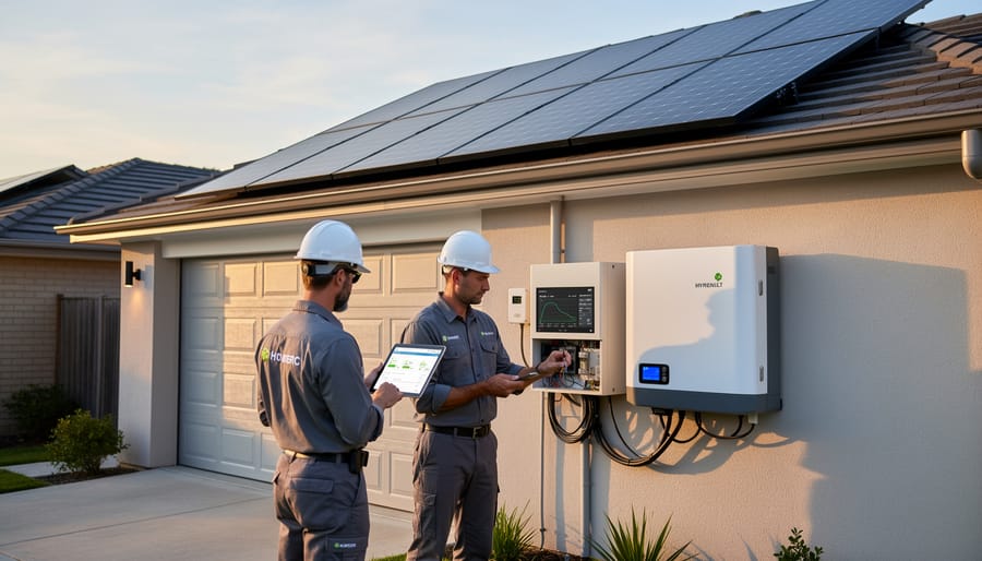 Solar technician inspecting hybrid inverter system installation