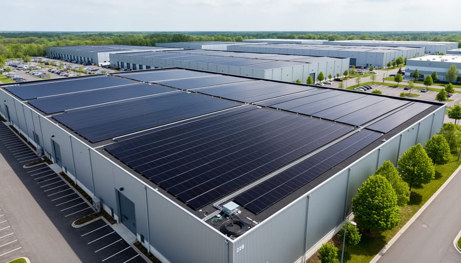 Aerial view of industrial warehouse with comprehensive photovoltaic roof installation