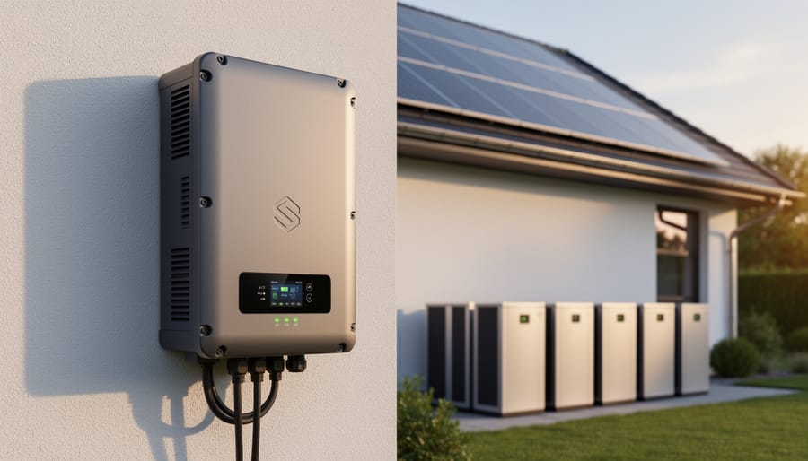 Off-grid inverter/charger unit installed with solar panels in background
