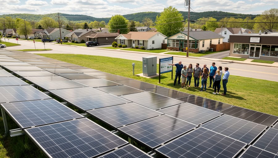 Solar panel array on commercial building rooftop with residential community in background