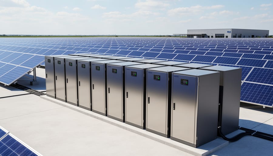 Close-up of commercial lithium-ion battery storage unit mounted on building wall