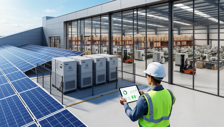 Facility manager reviewing energy data in industrial warehouse with solar panels