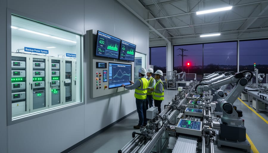 Small manufacturing facility interior with operational equipment during evening hours