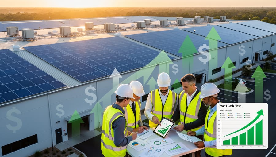 Large commercial solar installation on manufacturing facility rooftop
