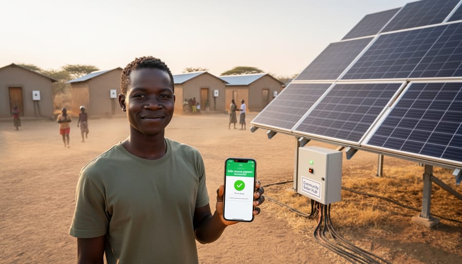 Person making mobile payment for pay-as-you-go solar system using smartphone