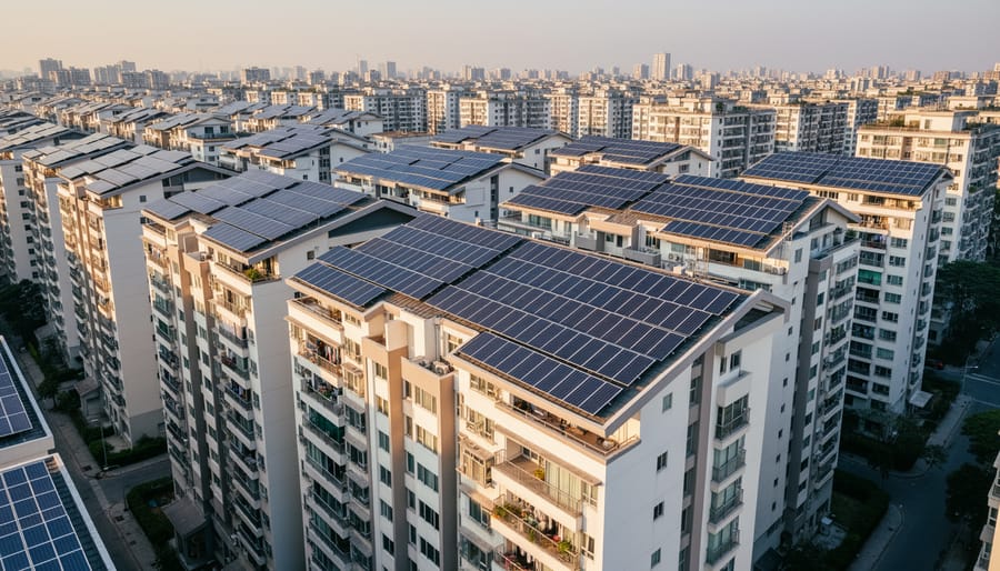 Modern apartment building with rooftop solar panels and pedestrians on street below