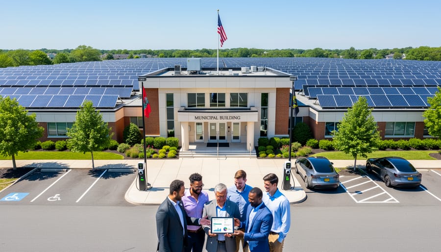 Municipal government building with community solar installation visible on adjacent structure