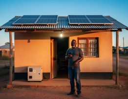 Rural shop with two solar panels on a corrugated roof and a battery box by the doorway, shop owner holding a mobile phone under a lit LED bulb at sunset, with modest homes and a dusty road in the background.